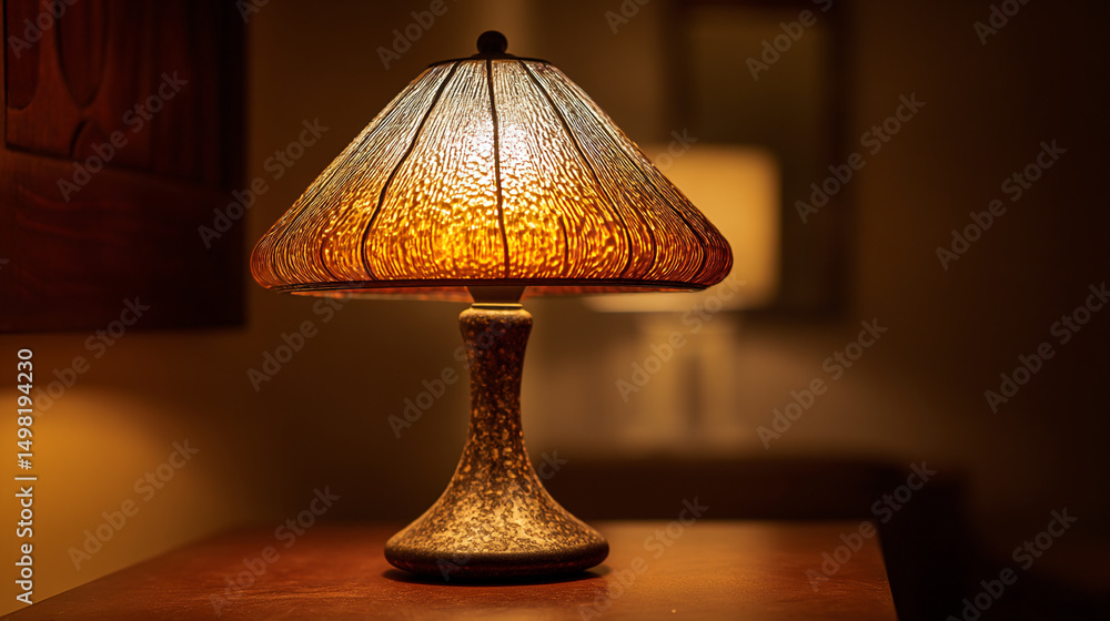 Poster illuminated table lamp with textured shade casting warm light in a dimly lit room setting indoors