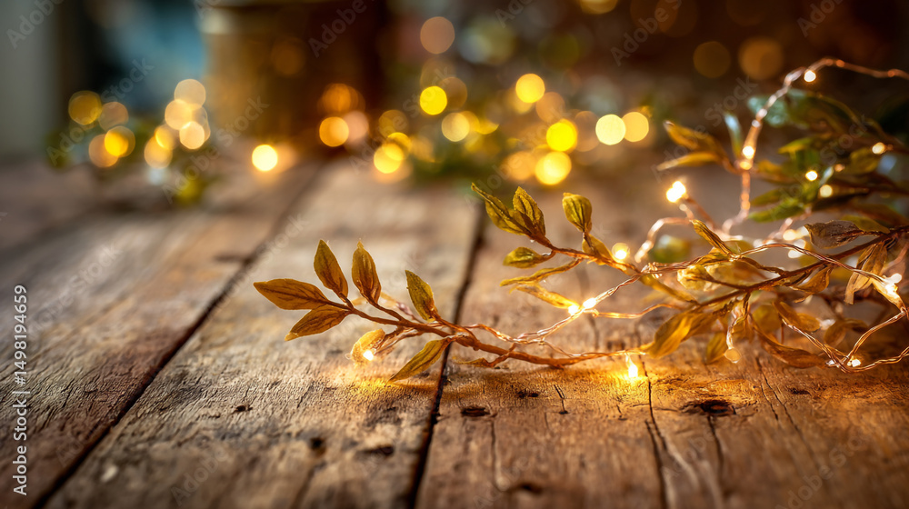 Poster close up of fairy lights and leaves on a rustic wooden surface creating a warm and inviting atmosphe