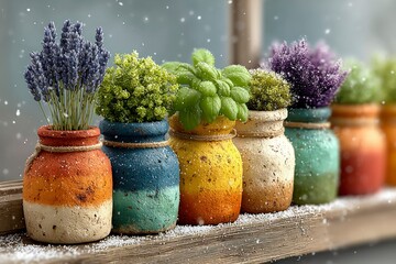 Fototapeta premium Colorful Pots with Herbs and Flowers on a Snowy Shelf Winter Decor Home Interior Design Seas