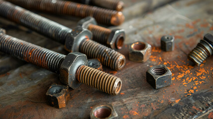 Close up shot of several rusty bolts and nuts scattered on a weathered metallic surface in a workshop