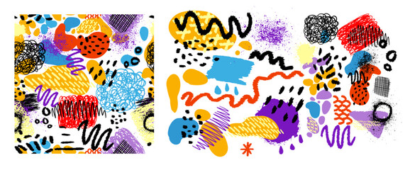 Set of decorative colored elements and Seamless background. hand drawn. Not AI. Vector illustration