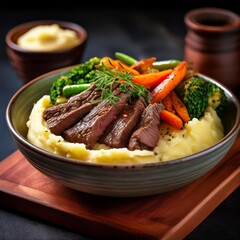 Bowl mit Rinderstreifen, gebratenem Gemüse und Kartoffelstampf