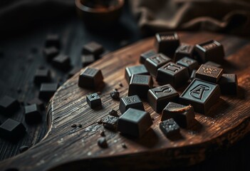 Dark, moody food aesthetic with weathered wooden board and assorted dark chocolates