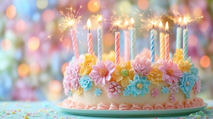 Decorative cake with pastel blooms, striped lit candles, and shining stars atop, glowing in front of a radiant color explosion