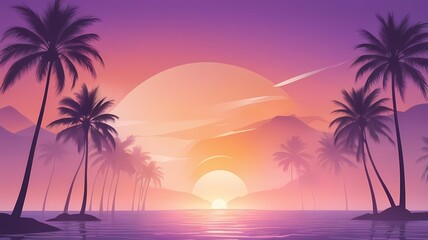 Serene Sunset Gradient Wallpaper Tropical Paradise Palm Trees, Ocean, and Mountains at Dusk