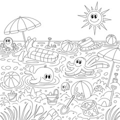 Playful coloring page depicting a sunny beach scene featuring friendly sea creatures and beach accessories for creative fun.