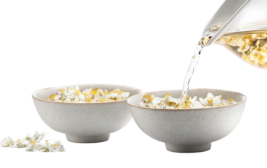 Detailed view of steaming osmanthus tea pouring into fine porcelain teacup highlighting aromatic blossoms Isolated on Transparent Background PNG