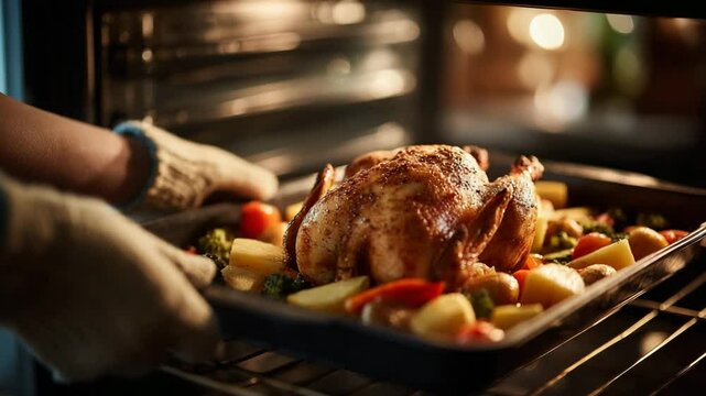 Golden roasted whole chicken surrounded by colorful vegetables being placed into oven by gloved hands In home kitchen with warm lighting. Concept of homemade comfort food and festive family meals
