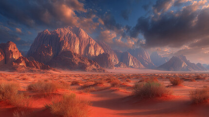 Naklejka premium Vast red desert plain with shrubs and dramatic mountain range at dusk, cinematic natural scenery for adventure, solitude and travel visuals
