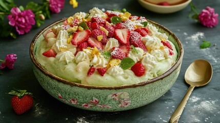 Light green dessert bowl, overflowing with whipped cream, sliced strawberries, and mint leaves.  Sprinkled with powdered sugar.  Small pieces of egg yolk visible