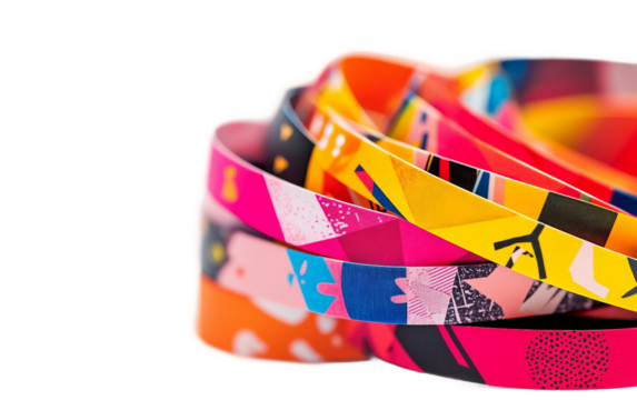 Close up of stacked colorful fashion week wristbands and event passes showing vibrant design and layered textures Isolated on Transparent Background PNG