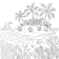 Black and white illustration of a tropical island scene with palm trees coconuts waves and a playful dolphin in the ocean