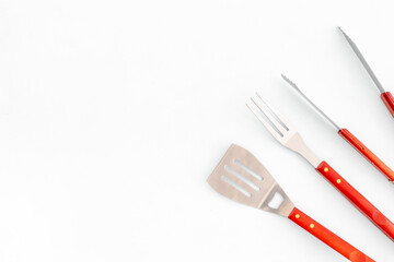 Steel barbecue and grill tools, top view. Equipment for picnic
