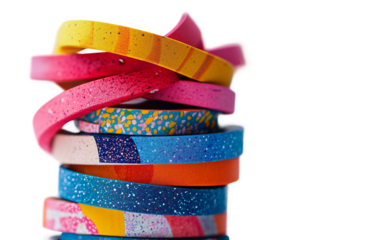 Detailed macro shot of multiple fashion week wristbands layered together highlighting trendy event accessories Isolated on Transparent Background PNG