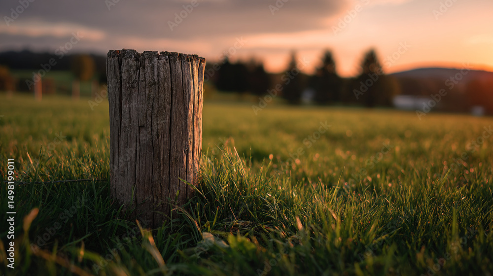 Aufkleber a weathered tree stump stands in a grassy field at sunset with trees visible in the background glow