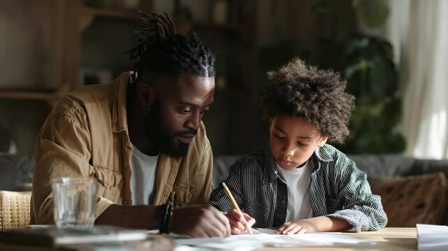 Focused father helping his young son with schoolwork at bright kitchen table, both writing in notebooks under natural light, concept of parental support in education