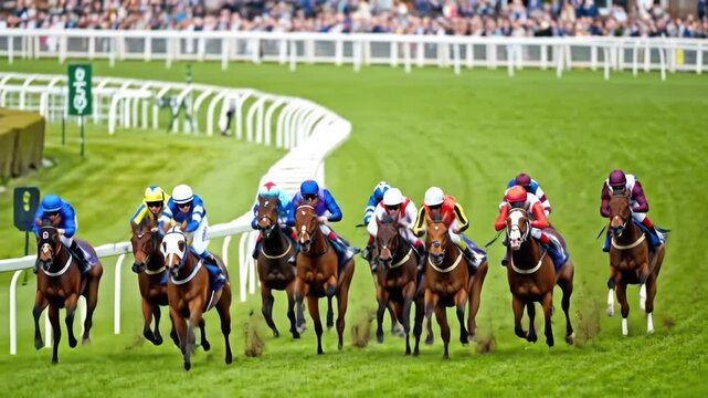 Exciting horse race: Jockeys on thoroughbreds compete on track at equestrian sport event. Speed, action, championship competition. 4K video footage for betting or sports themes.