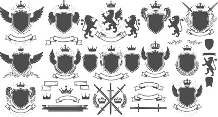 Heraldic Animals, shields logos, retro ribbons, luxury logo symbols, crown and swords icons. Heraldic Crest Logos elements set. Vector illustration
