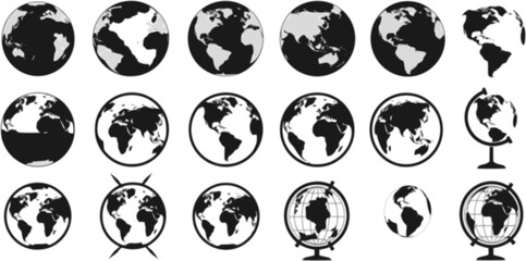 World globe maps set. Europe, Asia, America, Oceania globe maps. Earth globe icons isolated on blue background. Vector illustration.
