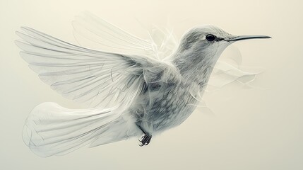 Artistic grayscale illustration of a white bird in flight showing feather detail and abstract flowing lines