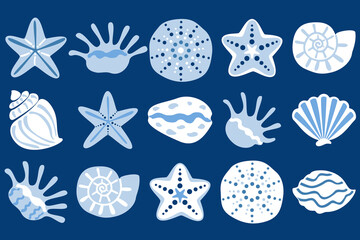 Seamless vector pattern featuring hand-drawn starfish, seashells, and ocean elements on a navy blue background. Perfect for summer-themed designs, textiles, wrapping paper, and digital projects.