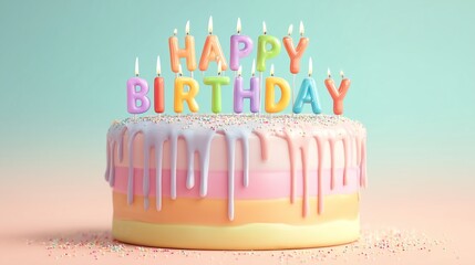 Off-center pastel cake with multicolor drips and fun birthday candles on a bright backdrop with room for text