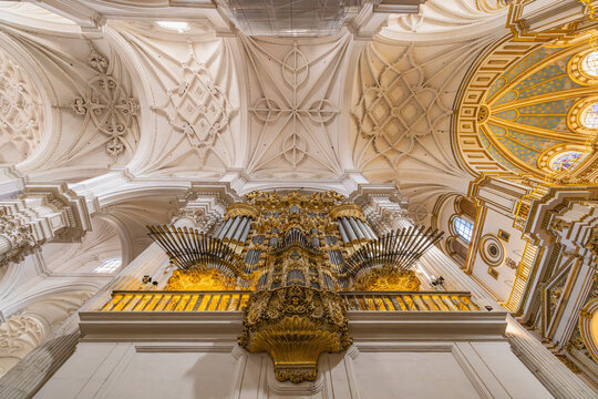 Albaicin, Province of Granada, Andalusia, Spain. Organ and ceiling in the Granada Cathedral.