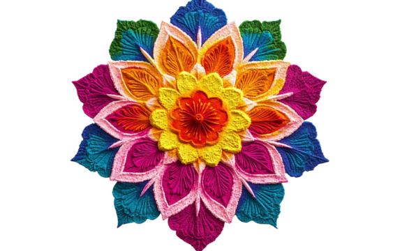 Colorful intricate rangoli pattern made from powdered colors celebrating the joyous spirit of Diwali festival Isolated on Transparent Background PNG