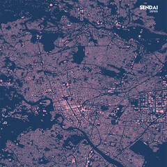 sendai City Map (Pink Buildings, Blueprint Background)