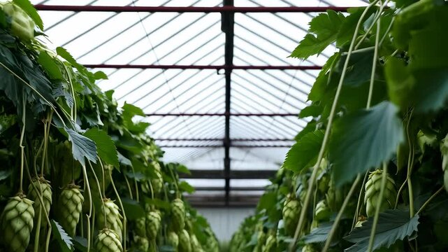 Lush hops growing in a greenhouse, showcasing the agricultural process of brewing beer and the fresh, green nature of the plants.