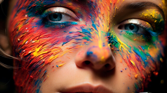 Close up portrait of a woman with vibrant paint covering her face and bright blue eyes looking forward