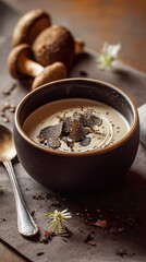 Soft-Cinematic Gourmet Photo of Creamy Mushroom Velouté Dish