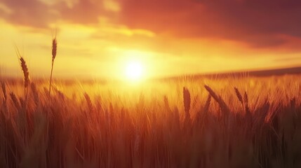 Golden wheat field at sunset landscape