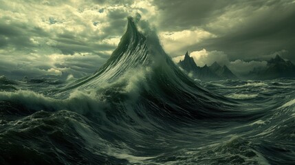 Fototapeta premium Majestic Dark Ocean Wave under Dramatic Cloudy Sky Environment