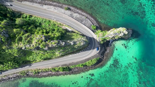 Maconde Viewpoint At Port Louis Mauritius Island Mauritius. Breathtaking Aerial View Of Busy Traffic In A Freeway Road. Shore Clouds Sky Beach Sea. Outdoor Beach Panning Wide.