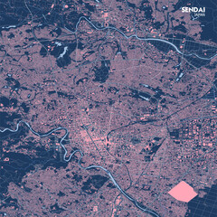  Zoomed-In Sendai City Map (Buildings, Highways, Waterways, Blueprint Background)