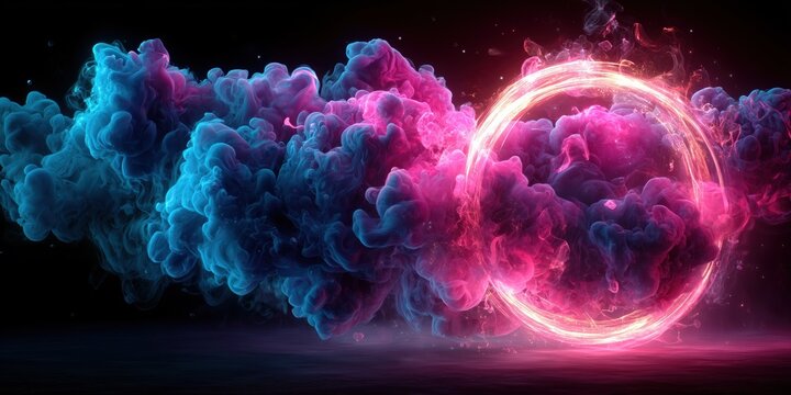 4D dynamic wallpaper featuring glowing neon rings fusing with swirling blue and pink ink clouds,