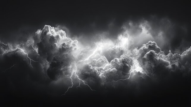 Dark storm clouds with lightning bolts and smoky atmosphere on a transparent background