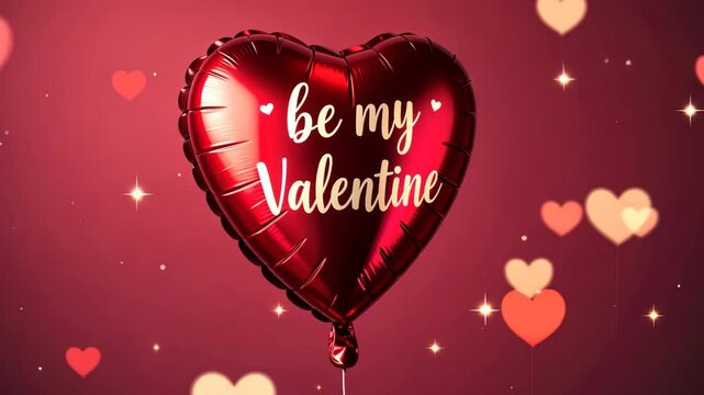 A red heart-shaped balloon with the words "Be my Valentine" floats against a red background. Concept of: Valentine's Day love.