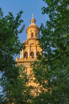 Casco Antiguo, Seville, Andalusia, Spain. Tower in the Spanish Plaza of Seville.