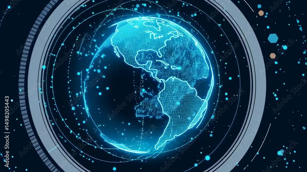 Poster glowing planet orbits on dark field. global network nodes connect. digital globe shows continents. m