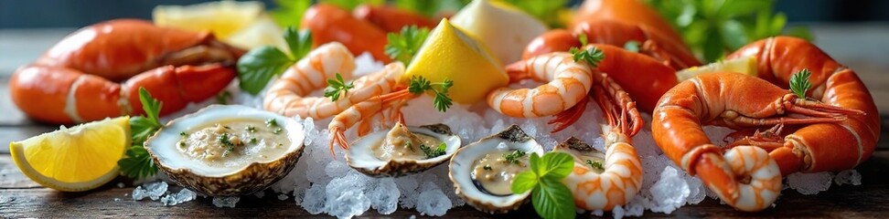 A table laden with chilled seafood, oysters, shrimp, and crab legs on ice, garnished with lemon wedges and fresh herbs, ready for a refreshing summer meal , delicacy, oysters, ice