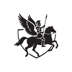 Silhouette Warrior Riding Winged Horse with Spear