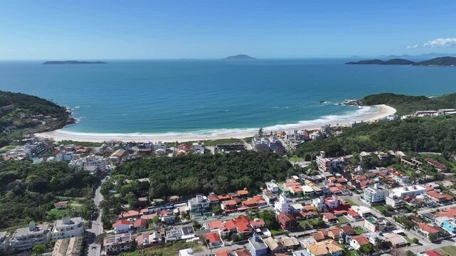 Quatro Ilhas Beach At Bombinhas Santa Catarina Brazil. Bird Eye View Of A Amazing Coastal Beach In The Summer Holiday. Shore Clouds Sky Beach Sea. Outdoor Beach Panning Wide.