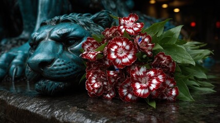 Croatian flag and red carnations at memorial