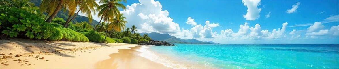 Obraz premium Sun-drenched Hawaiian beach scene with turquoise water lapping the golden sand, palm trees swaying gently in the warm breeze, a postcard-perfect tropical paradise , sand, turquoise
