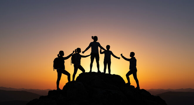 group of people at sunset on a hill top