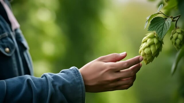 Hand inspecting hops on a vine, assessing ripeness. Lush green foliage, natural light, and denim clothing add an agricultural feel.