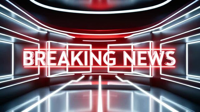 Futuristic red grid breaking news animation with a glowing central headline and reflective floor design for high-impact news segments