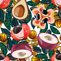 Exotic fruits and plants seamless botanical patterns vector illustration 